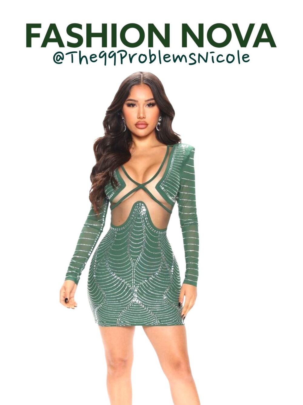 Fashion Nova Puff Sleeve Emerald Green Embellished Dress